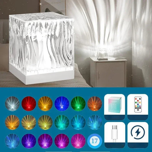 Dynamic Aurora Northern Lights Water Ripple Projector Night Light 17 Colors Flame Crystal Lamp for Living Room Study Bedroom