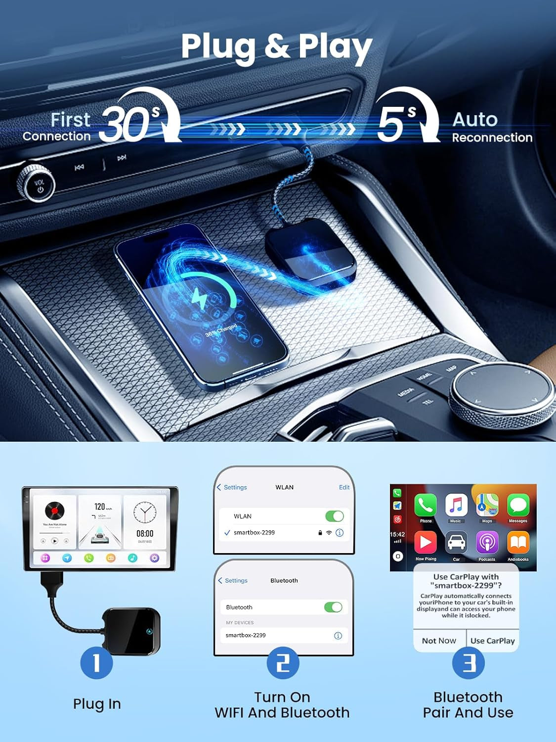 Wireless Carplay and Android Auto Adapter with Fast Stable 5Ghz Wifi Bluetooth, Wireless Carplay Adapter for Apple Applies to Cars after 2016 & Phone with Android11+/ Ios10+ & Usb-A/Type-C (Black)